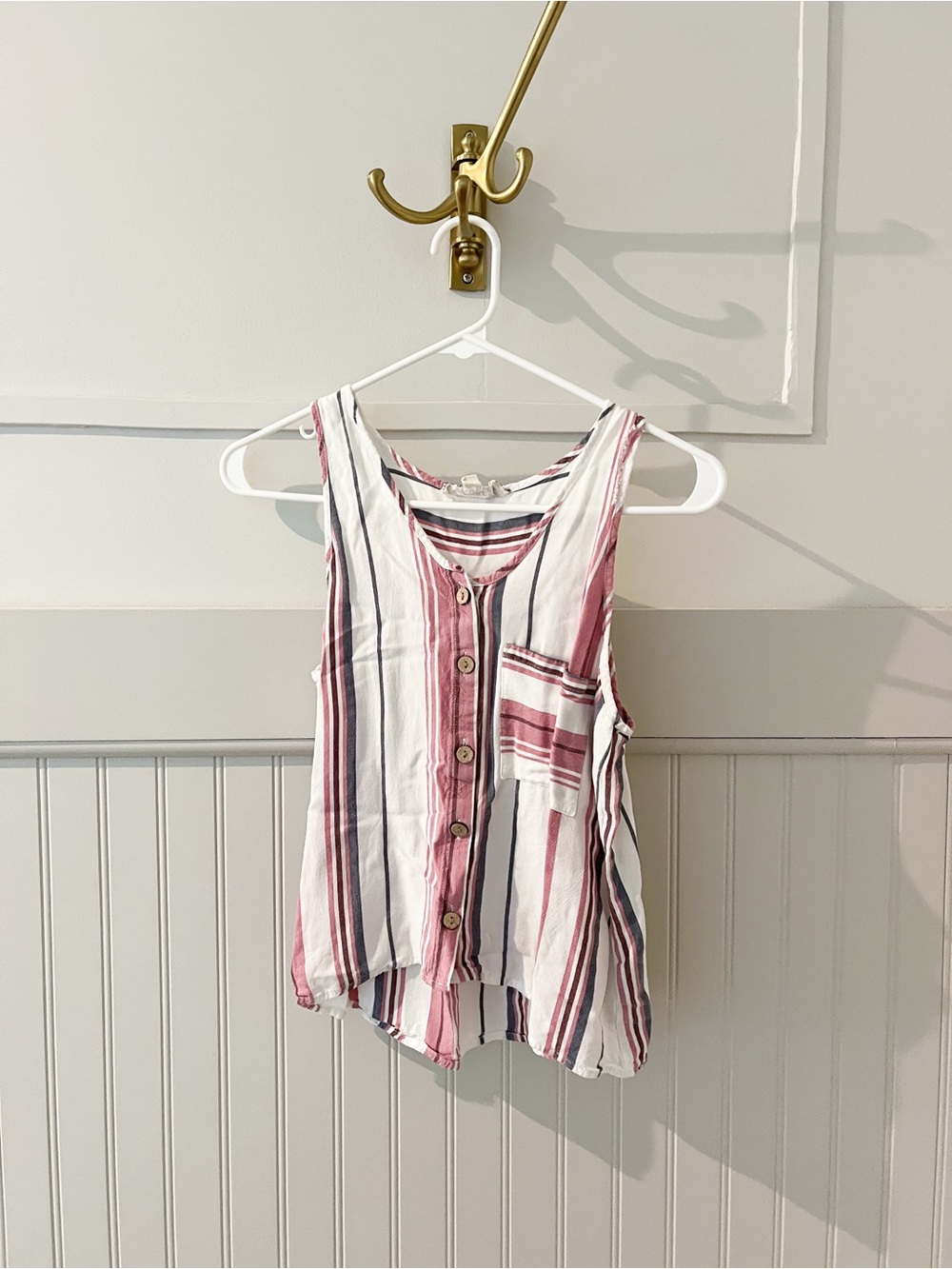 Pink Republic Vertical Stripe Button-Front Tank in White, Pink & Navy